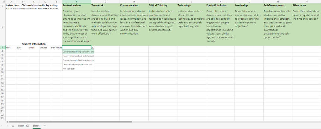 An example of an evaluation sheet that is sent to community partners